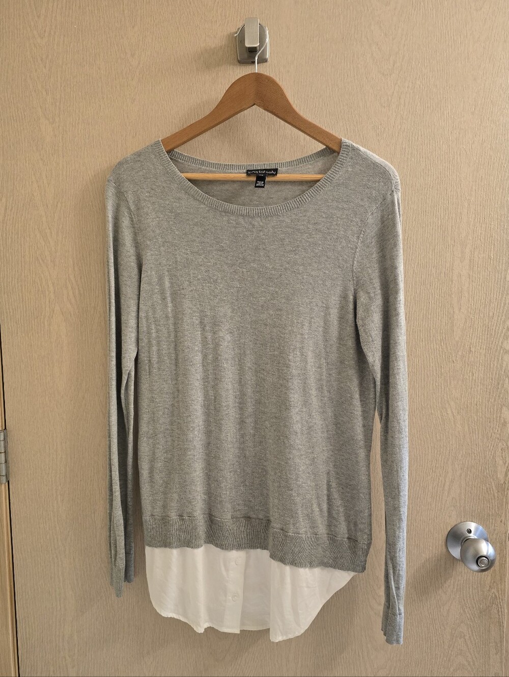 long tall sally Gray Crewneck "Twofer" Sweater with White Layered Hem